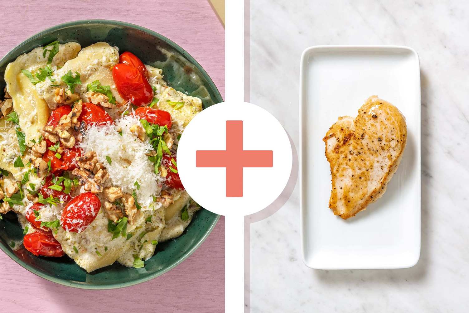 Mushroom Ravioli, Chicken and Creamy Pesto Sauce