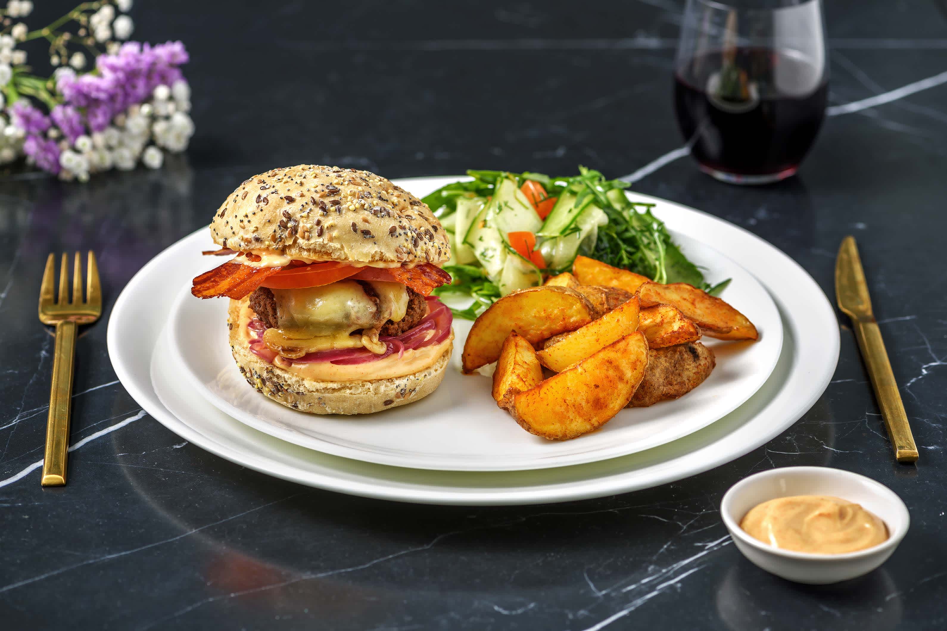 Runderburger met gekonfijte ui, ontbijtspek en comté