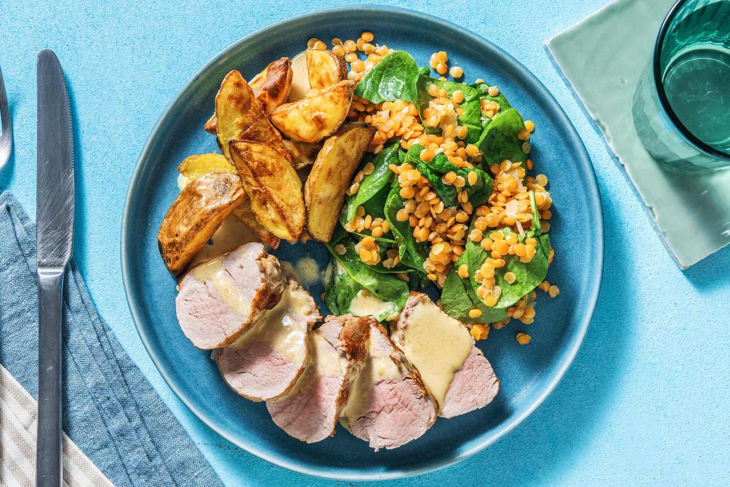 Schweinsnierstück mit Linsen-Spinat-Gemüse