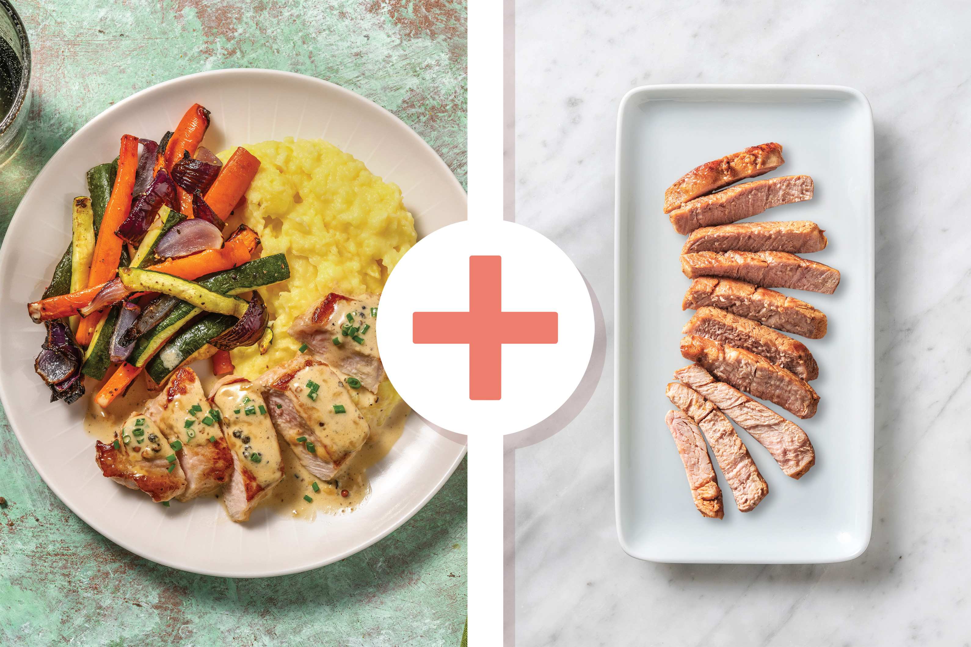 Seared Double Pork & Creamy Peppercorn Sauce
