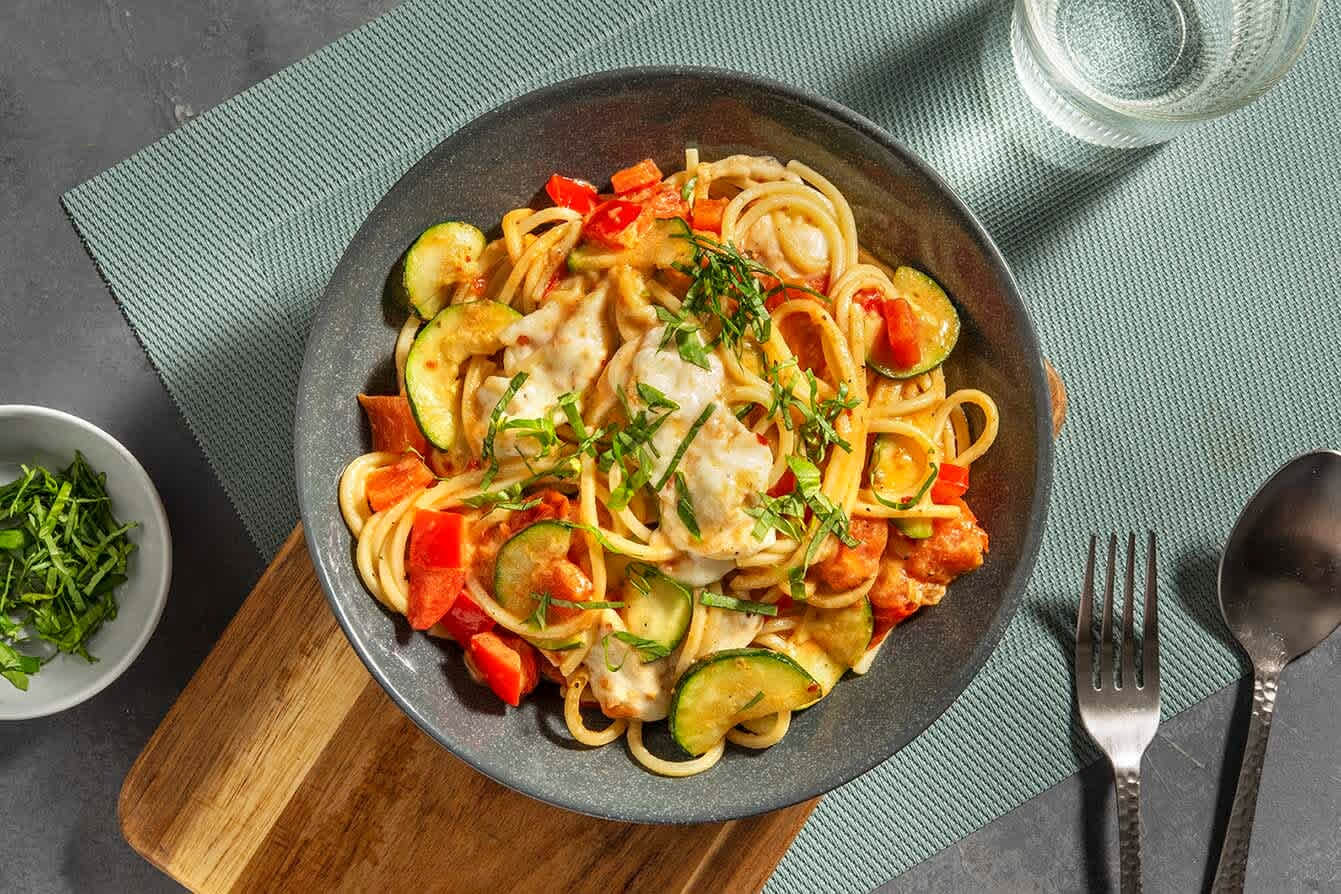 Spaghetti à la méditerranéenne avec de la courgette et de la mozarella