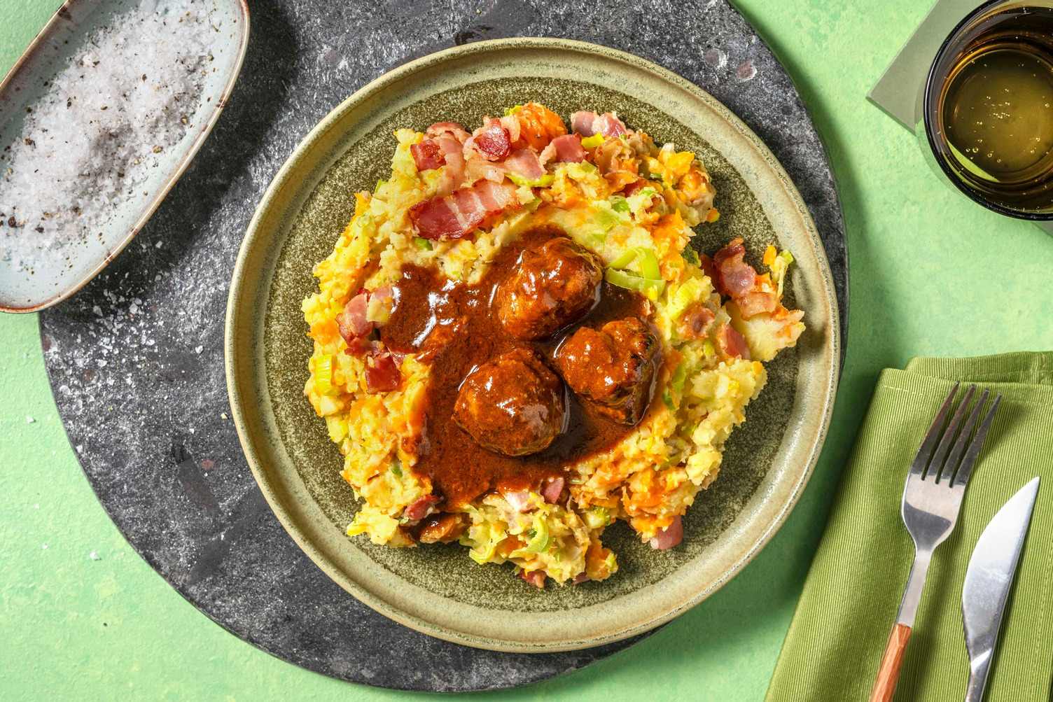 Stoemp de carotte et poireau avec lardons et boulettes de viande
