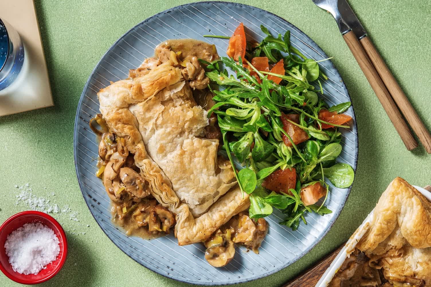Kippenpastei met prei, champignons en rozemarijn