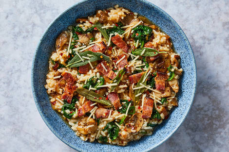 Risotto crémeux au mélange de champignons et au bacon