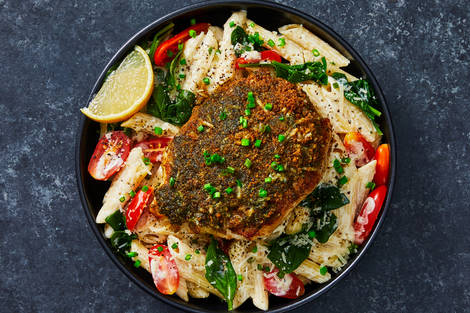 Pesto-Parmesan Turkey with Creamy Veggie Alfredo