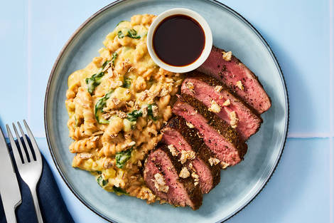 Seared Double Striploin Steaks and Creamy Cheddar Mac and Cheese