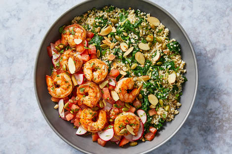 Nutritionist's Pick: Lemony Kale Tabbouleh Bowls with Shrimp