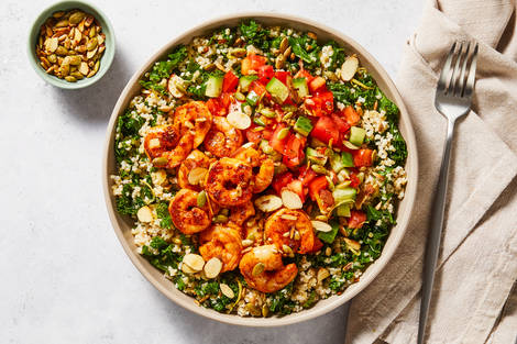 Lemony Kale Tabbouleh Bowls with Shrimp