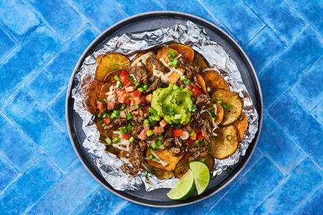 Russet and Sweet Potato "Nachos" with Plant-Based Mozzarella 