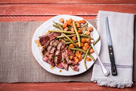 Pan-Seared Steak with Roasted Butternut Squash and Green Beans Almondine