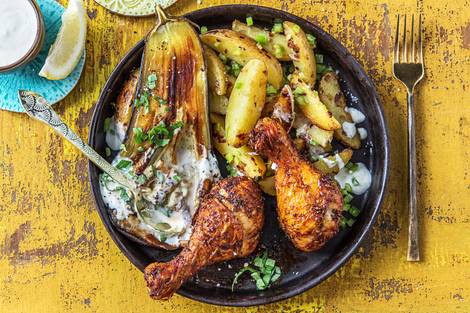 Pilons de poulet marinés et aubergine grillée