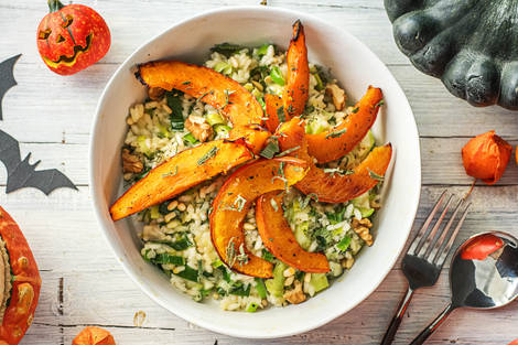 Porreerisotto mit karamellisiertem Kürbis,