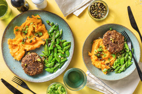 Duitse biefstuk met pittige puree van zoete aardappel