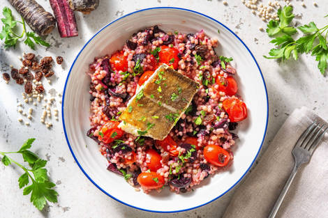 Kabeljauwfilet met kruidensaus en friszoete parelcouscous