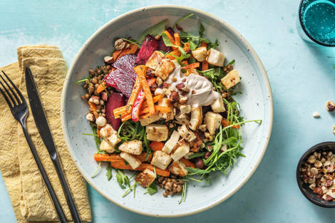 Linsensalat mit Ofengemüse und Halloumi