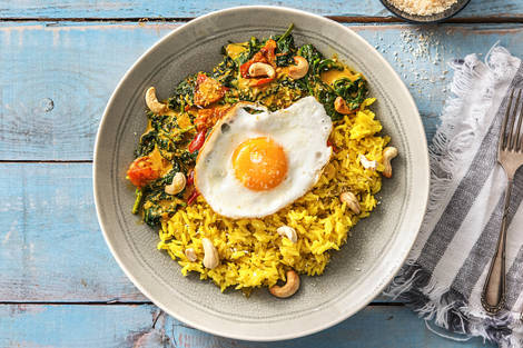 Riz jaune et curry d’épinards à la noix de coco