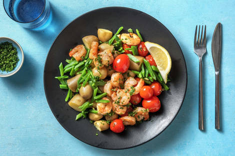 Crevettes à l'ail et tomates cerises cuites