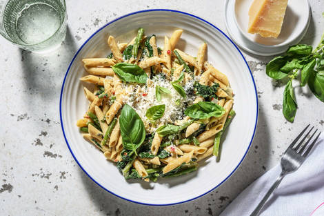 Volkoren penne met sperziebonen en spinazie