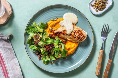 Honig-Senf-Hähnchen mit Kürbispüree