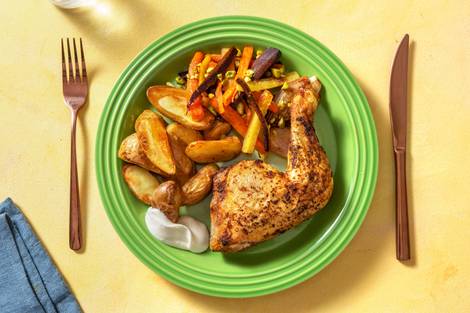 Hähnchenkeulen mit Harissa-Honig-Karotten