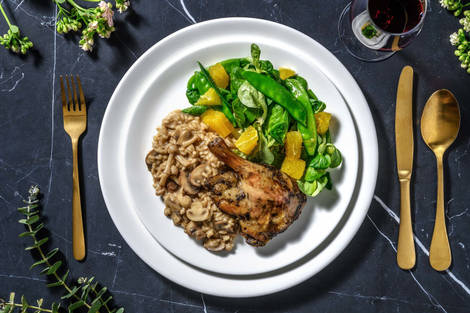 Gekonfijte eend en paddenstoelenrisotto