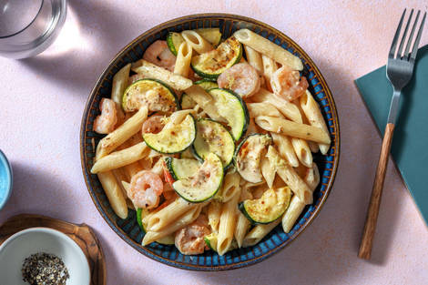 Penne aux crevettes et courgettes