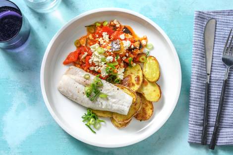 Seehecht mit Tomaten-Auberginen-Gemüse