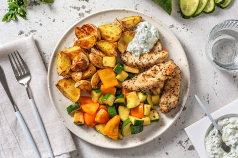 Mediterrane kipfilethaasjes uit de oven met zelfgemaakte tzatziki