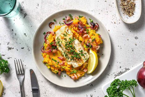Cabillaud et purée de pommes de terre-patate douce, lardons