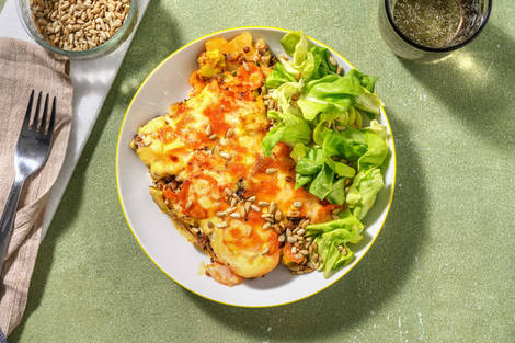 Herzhafter Linsenauflauf mit Käsehaube