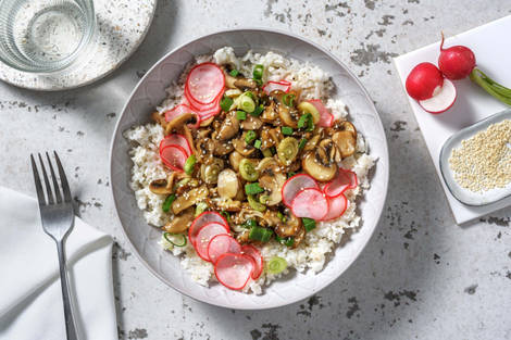 Champignons laqués et riz au sésame