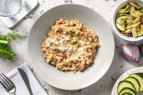Risotto d'orge perlé aux lardons et fenouil rôti