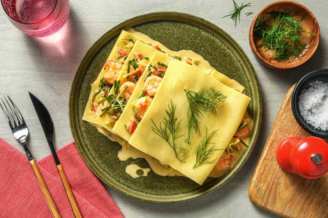 Open lasagne met garnalen en roomsaus