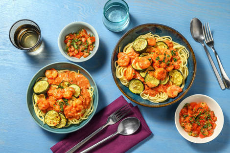 Spaghetti met garnalen in kerrie-roomsaus