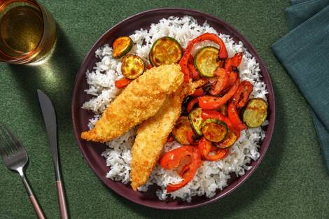 Poulet en croûte de sésame et légumes rôtis