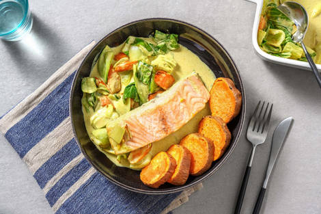 Lachs aus dem Ofen mit Kokos-Curry-Gemüse