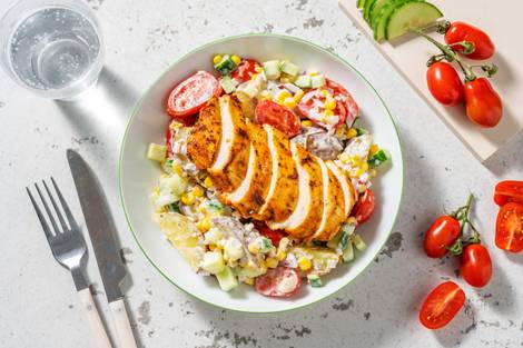 Lauwe krieltjessalade met Mediterrane kipfilet