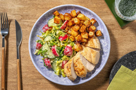 Hähnchenbrust an Salat mit Aprikosen-Curry-Dressing