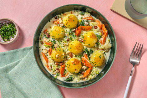 Cremige Mini-Knödel-Pfanne mit Spinat & Haselnüssen