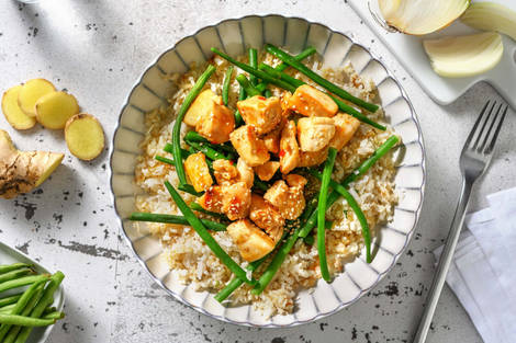 Poulet en sauce asiatique douce et haricots verts