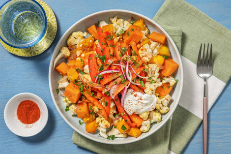 Würzige Gemüsepfanne mit Kürbis, Süßkartoffel & Blumenkohl