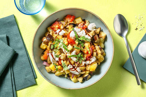 Auberginen-Sellerie-Pfanne mit Burrata & Bratkartoffeln