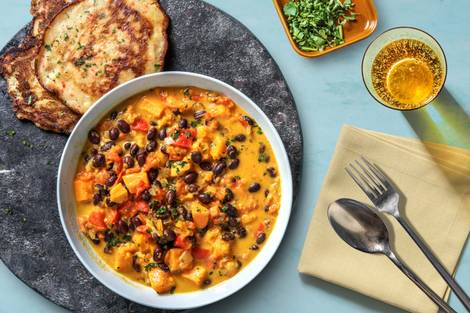 Karibischer Süßkartoffeleintopf mit Banana Pancakes