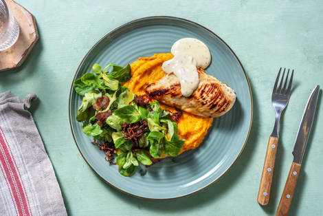 Honig-Senf-Hähnchen mit Kürbispüree