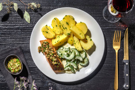 Gebratener Lachs mit geschmorter Gurke