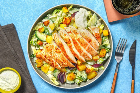 Souflaki-Hähnchen-Salat mit Kartoffelwürfeln