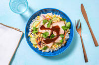 Asian Roast Pork Belly & Sesame Slaw with Corn Rice & Coriander