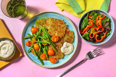 Kartoffelrösti mit Buschbohnen und Schmelztomaten