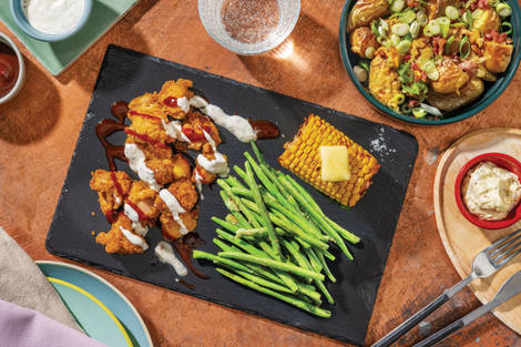 Popcorn Chicken & Cheesy Bacon Potatoes