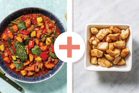 Herby Tomato Lentil, Chicken & Roast Veggie Stew